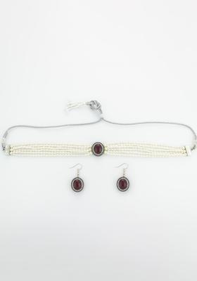 Maroon Artificial Stones Alloy Choker Set