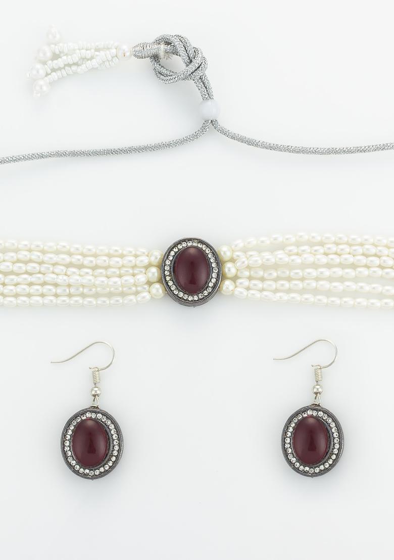 Maroon Artificial Stones Alloy Choker Set - Indya