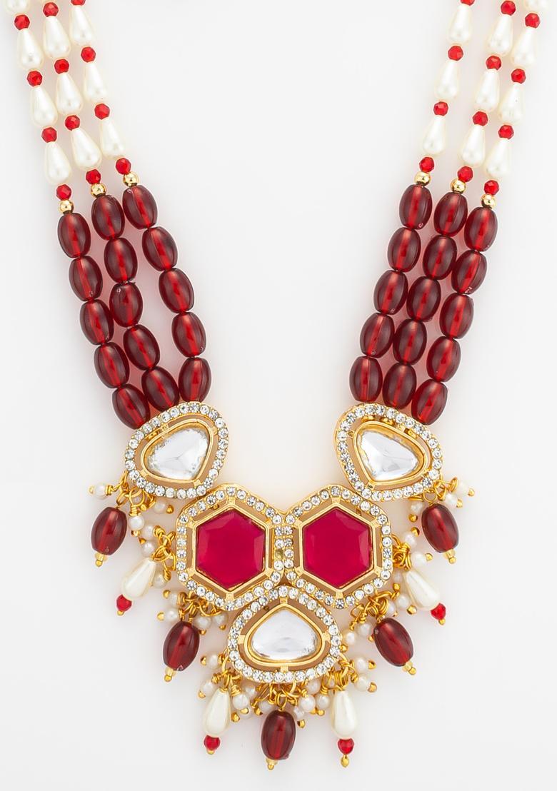 Red Kundan Alloy Necklace Set - Indya