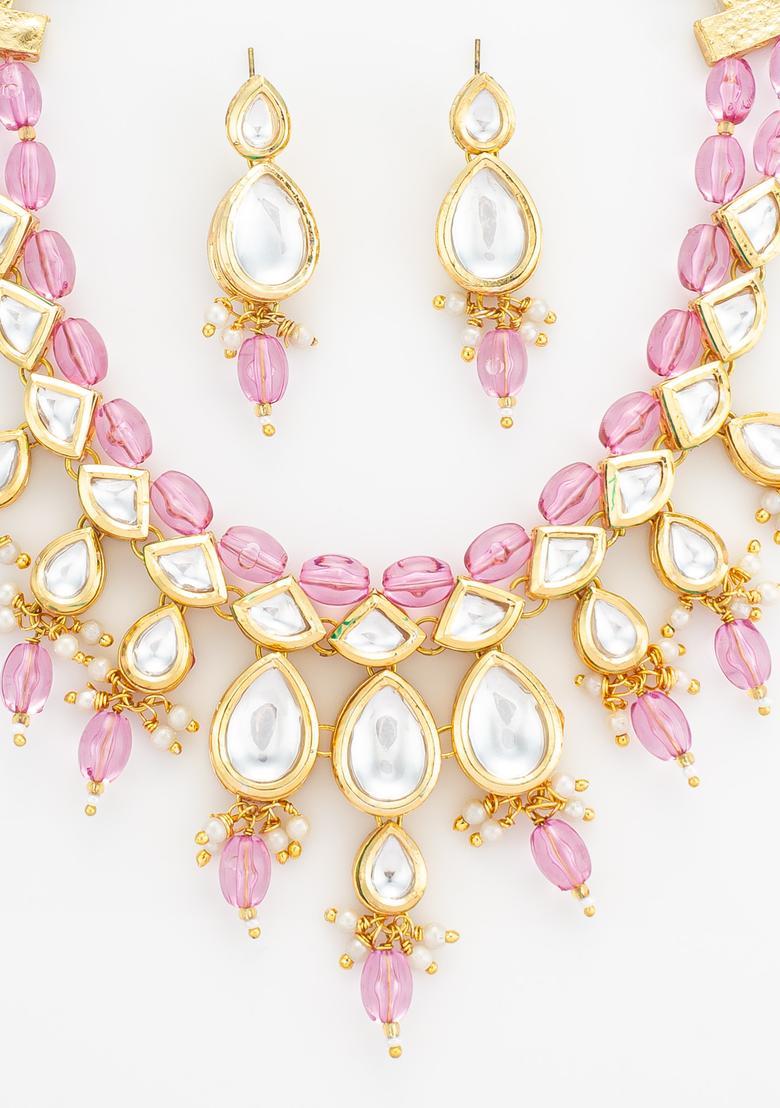 Pink Kundan Alloy Necklace Set - Indya