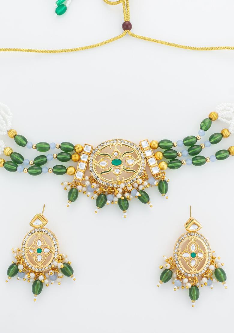 Green Kundan Alloy Choker Set - Indya