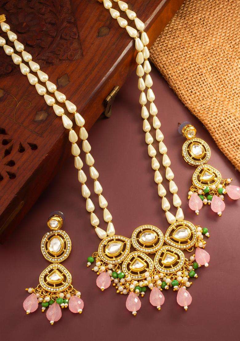 Pink Kundan Alloy Necklace Set - Indya