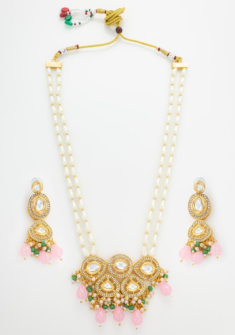 Pink Kundan Alloy Necklace Set - Indya