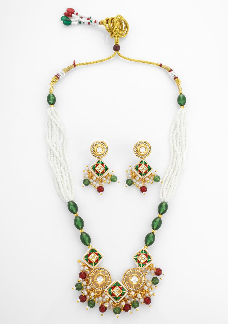 Green Kundan Alloy Necklace Set - Indya