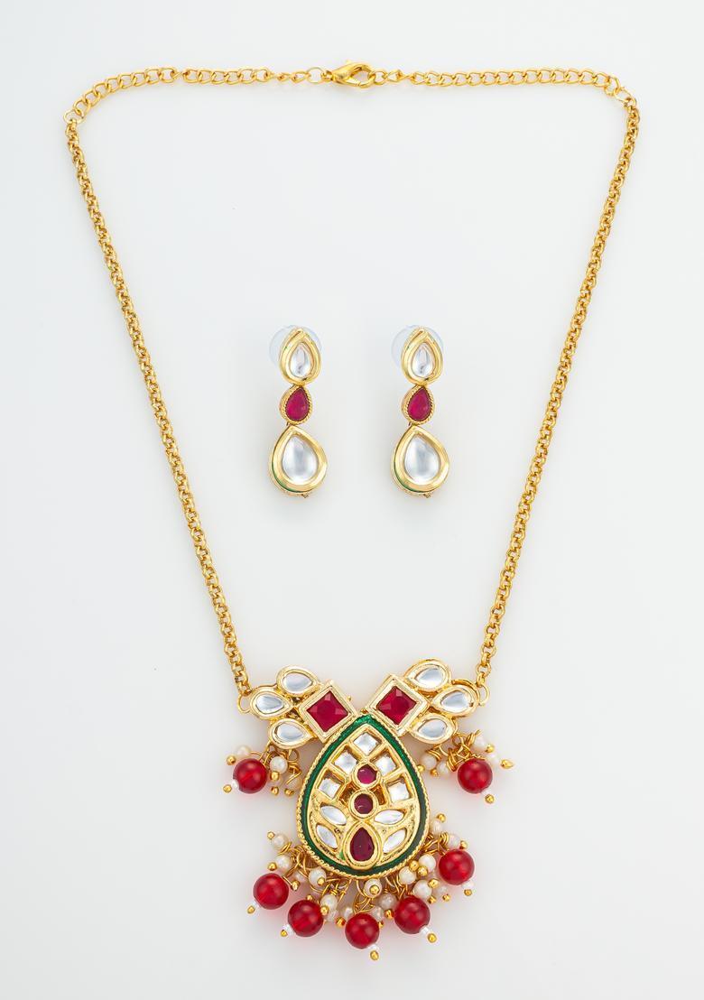 Red Kundan Alloy Necklace Set - Indya