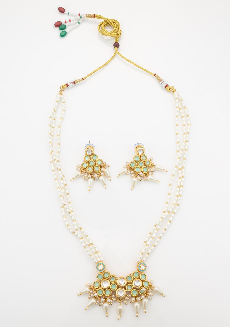 Golden Kundan Alloy Necklace Set - Indya