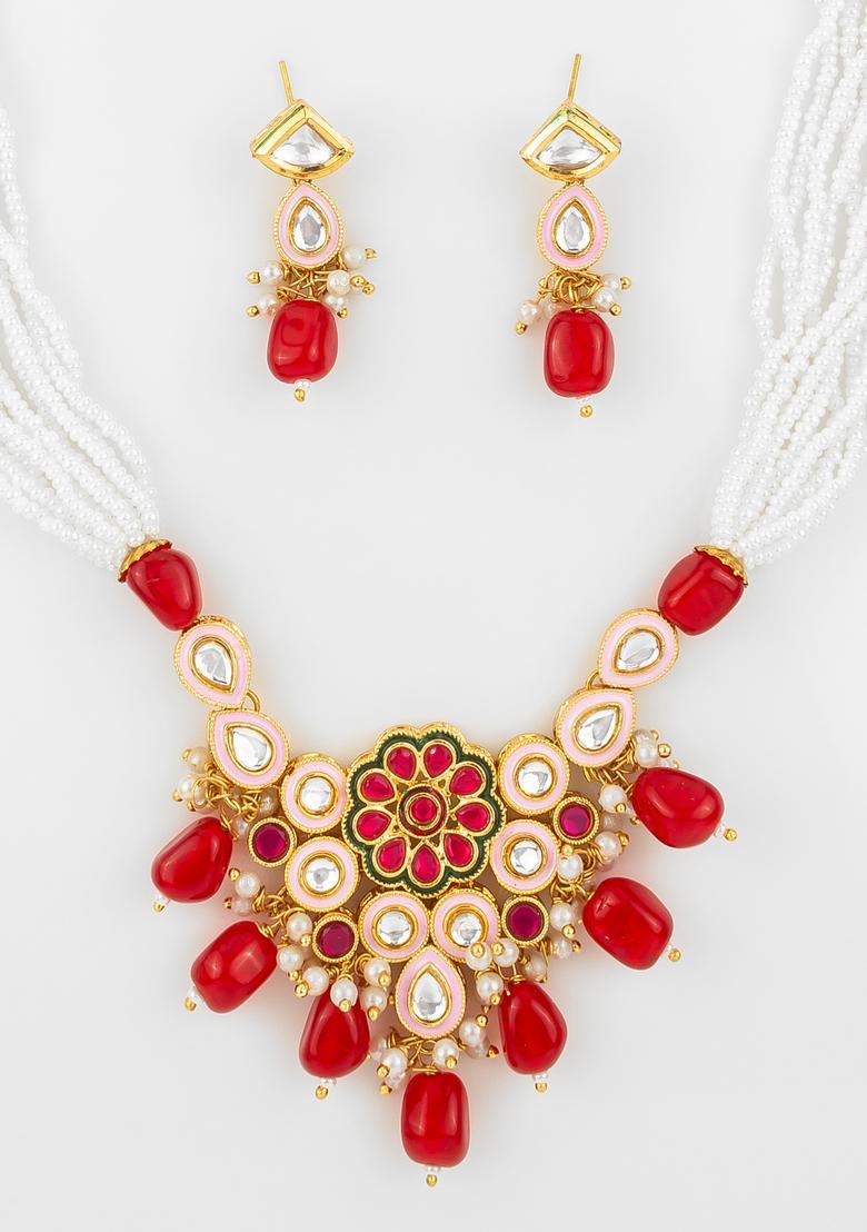 Red Kundan Alloy Necklace Set - Indya