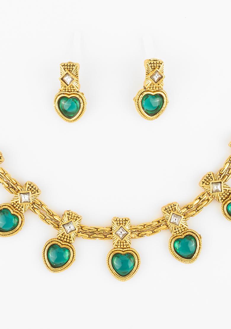 Green Artificial Stones Alloy Necklace Set - Indya