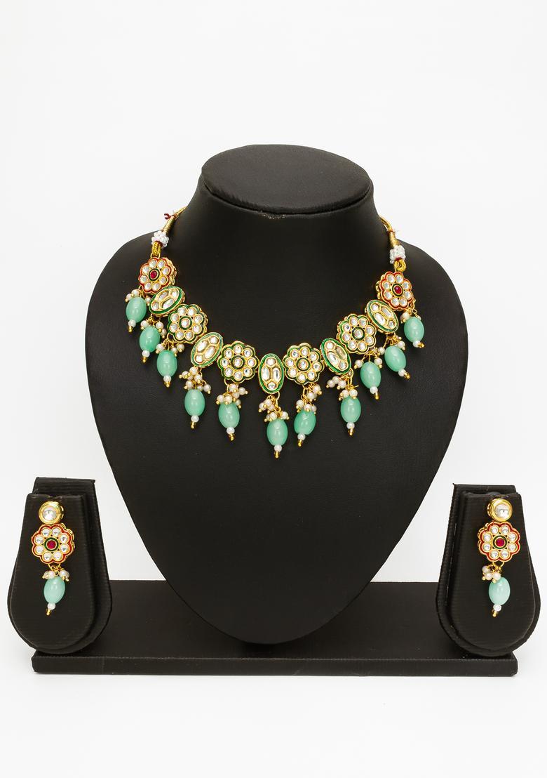 Turquoise Kundan Alloy Necklace Set - Indya