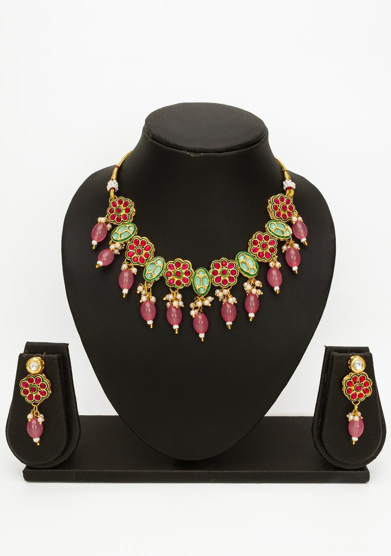 Pink Kundan Alloy Necklace Set - Indya