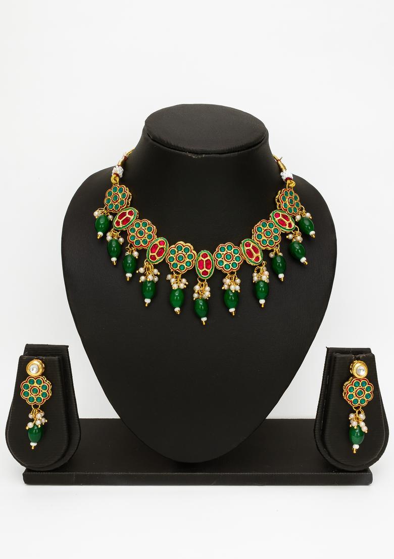 Green Kundan Alloy Necklace Set - Indya