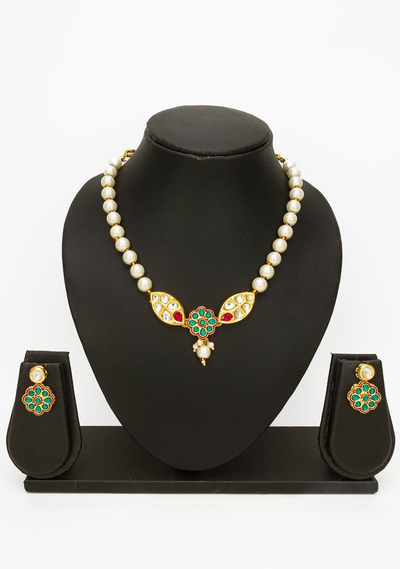 Green Kundan Alloy Necklace Set - Indya