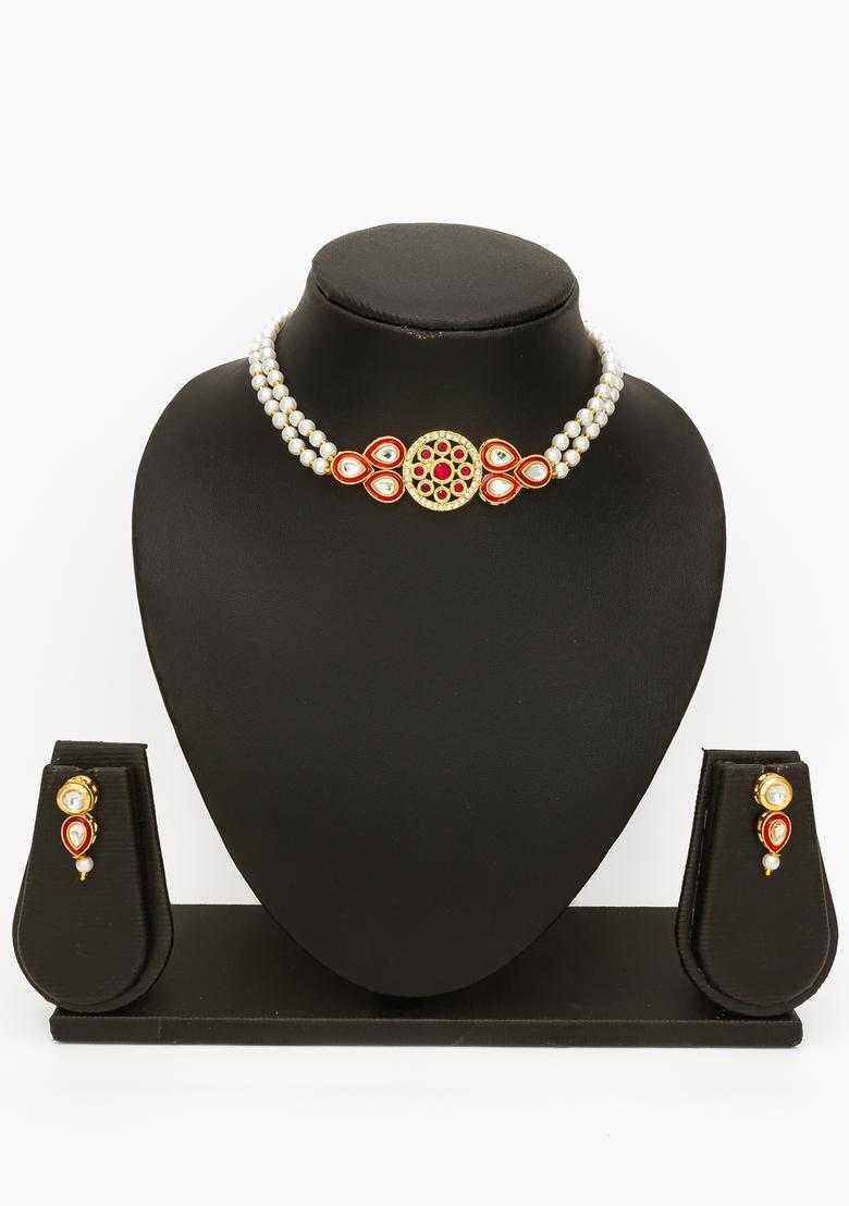 Red Kundan Alloy Necklace Set - Indya