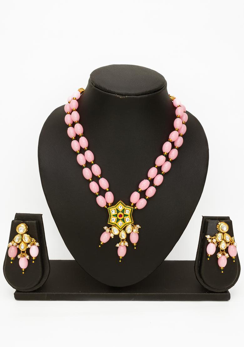 Pink Kundan Alloy Necklace Set - Indya