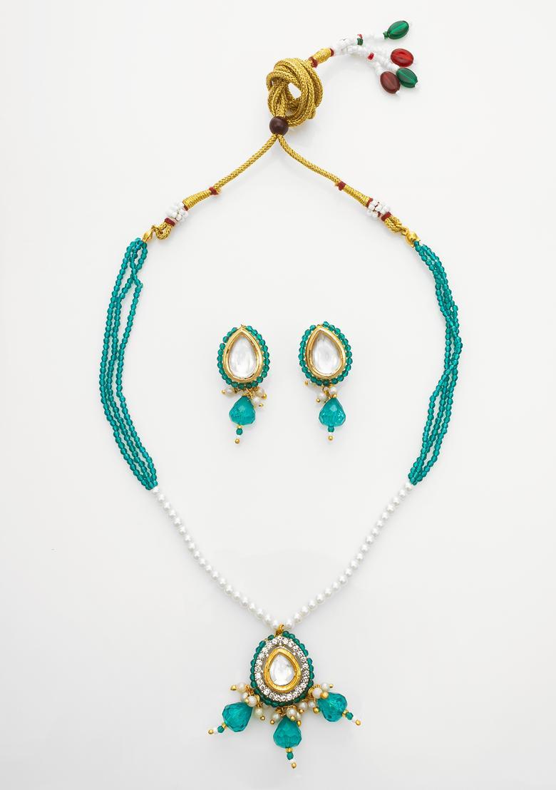 Turquoise Kundan Alloy Necklace Set - Indya