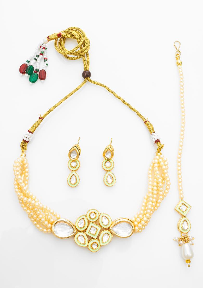 Golden Kundan Alloy Necklace Set - Indya