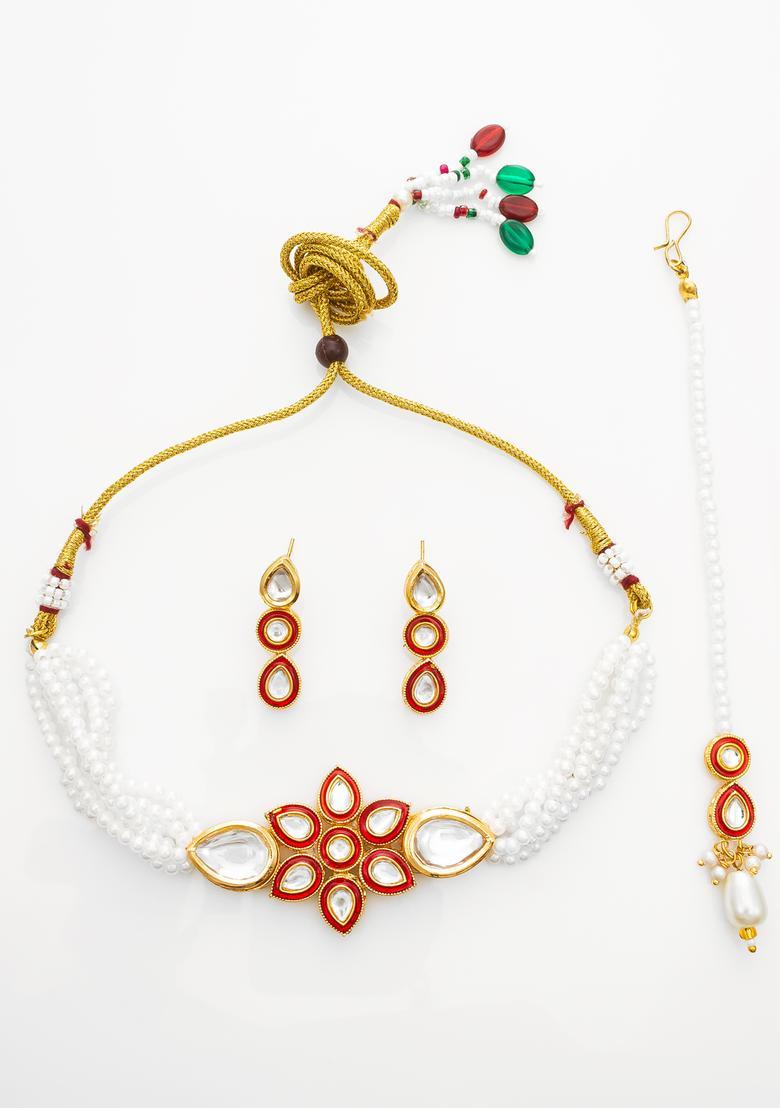 Red Kundan Alloy Necklace Set - Indya