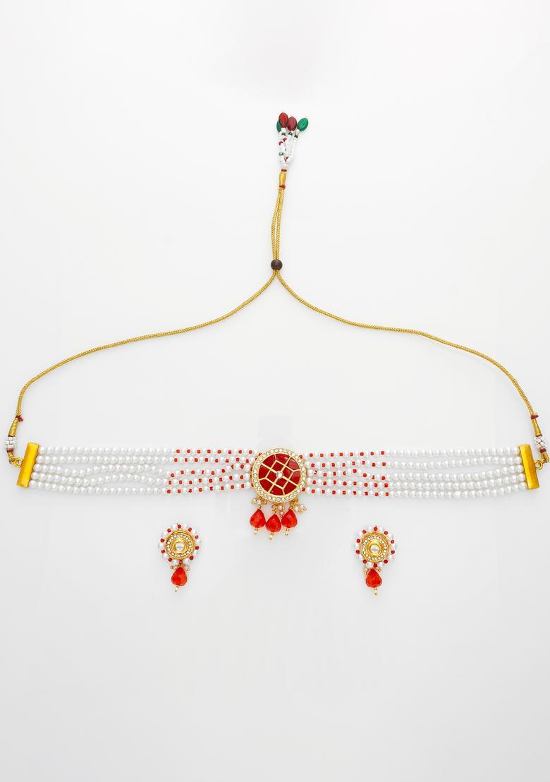 Red Kundan Alloy Necklace Set - Indya