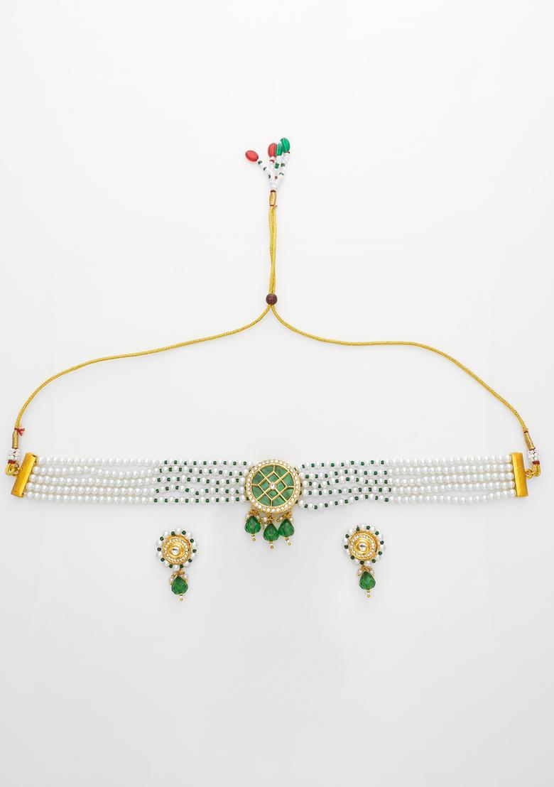 Green Kundan Alloy Necklace Set - Indya
