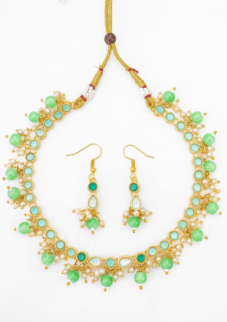 Green Beads Alloy Necklace Set - Indya