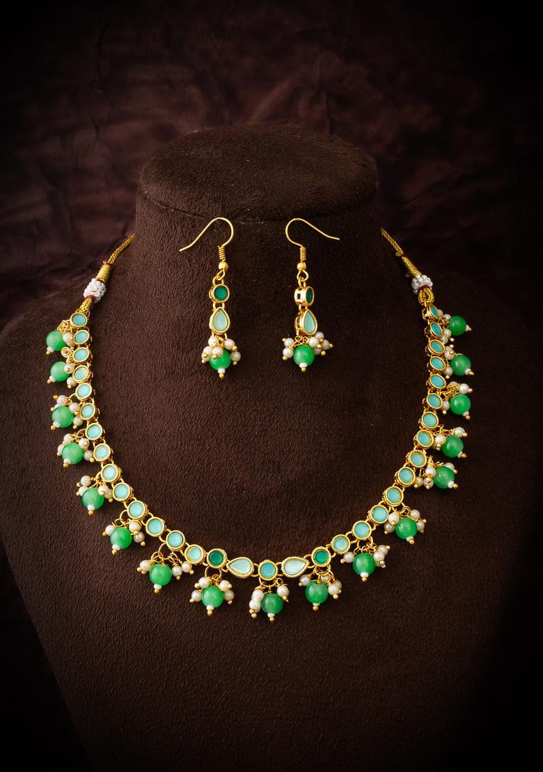 Green Beads Alloy Necklace Set - Indya