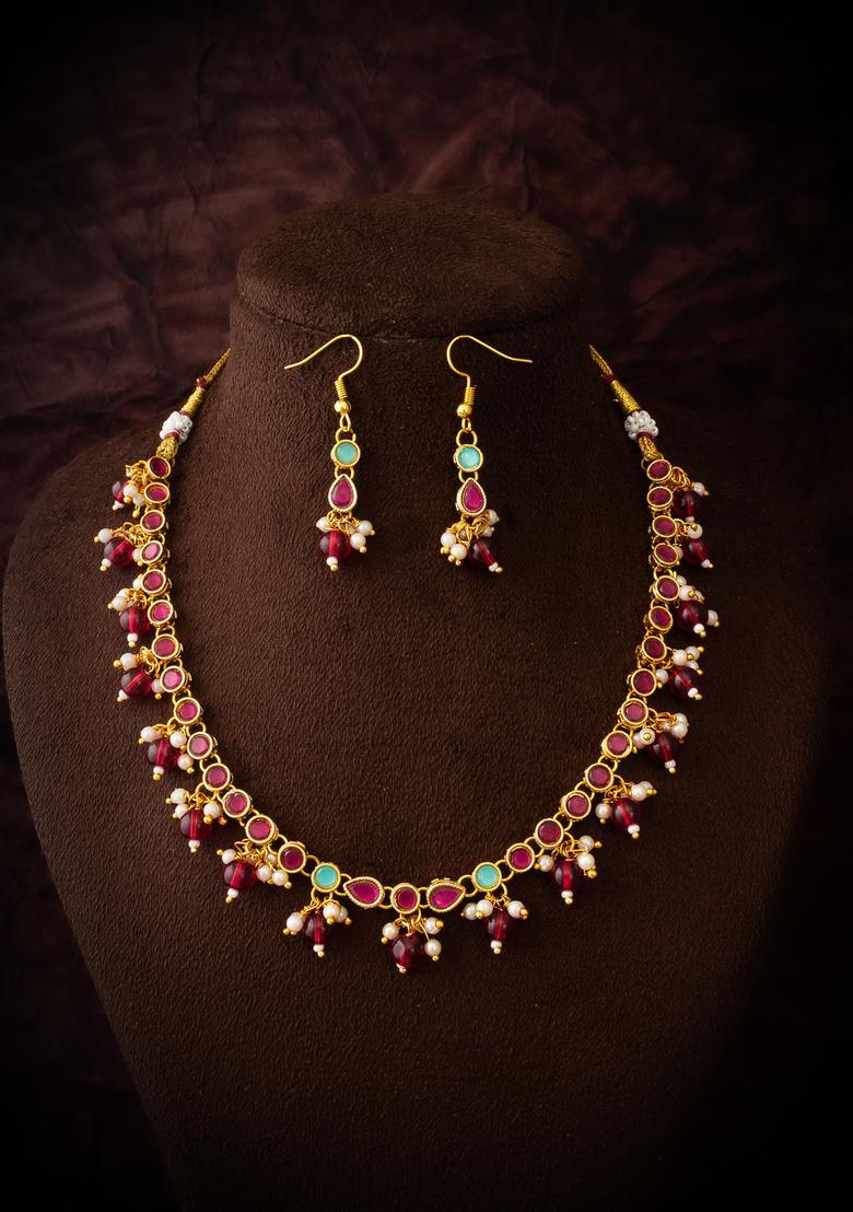 Red Beads Alloy Necklace Set - Indya