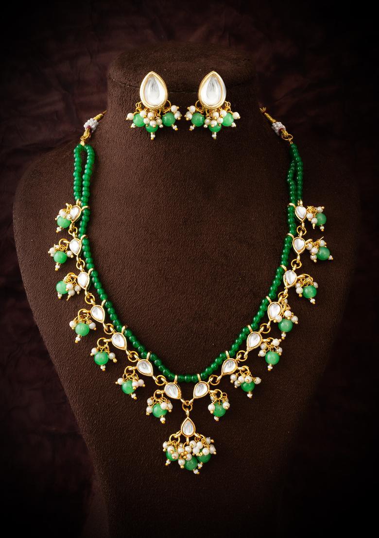 Green Kundan Alloy Necklace Set - Indya
