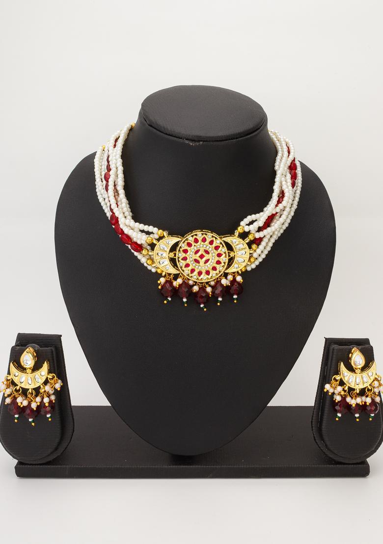 Red Kundan Alloy Necklace Set - Indya