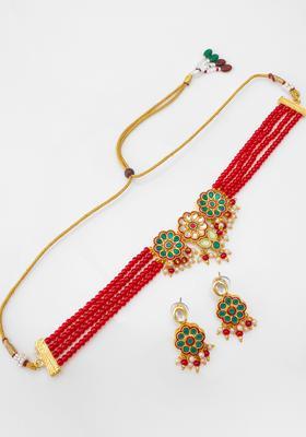 Red Kundan Alloy Choker Set