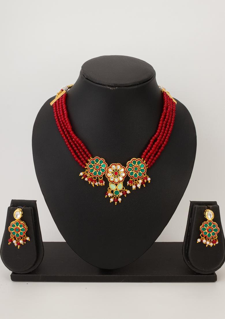 Red Kundan Alloy Choker Set - Indya
