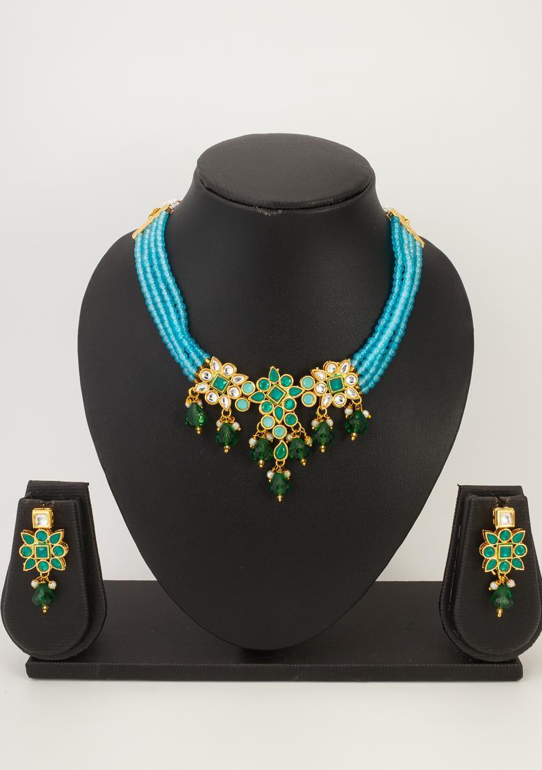 Turquoise Kundan Alloy Choker Set - Indya