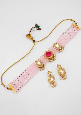 Pink Artificial Stones Alloy Necklace Set