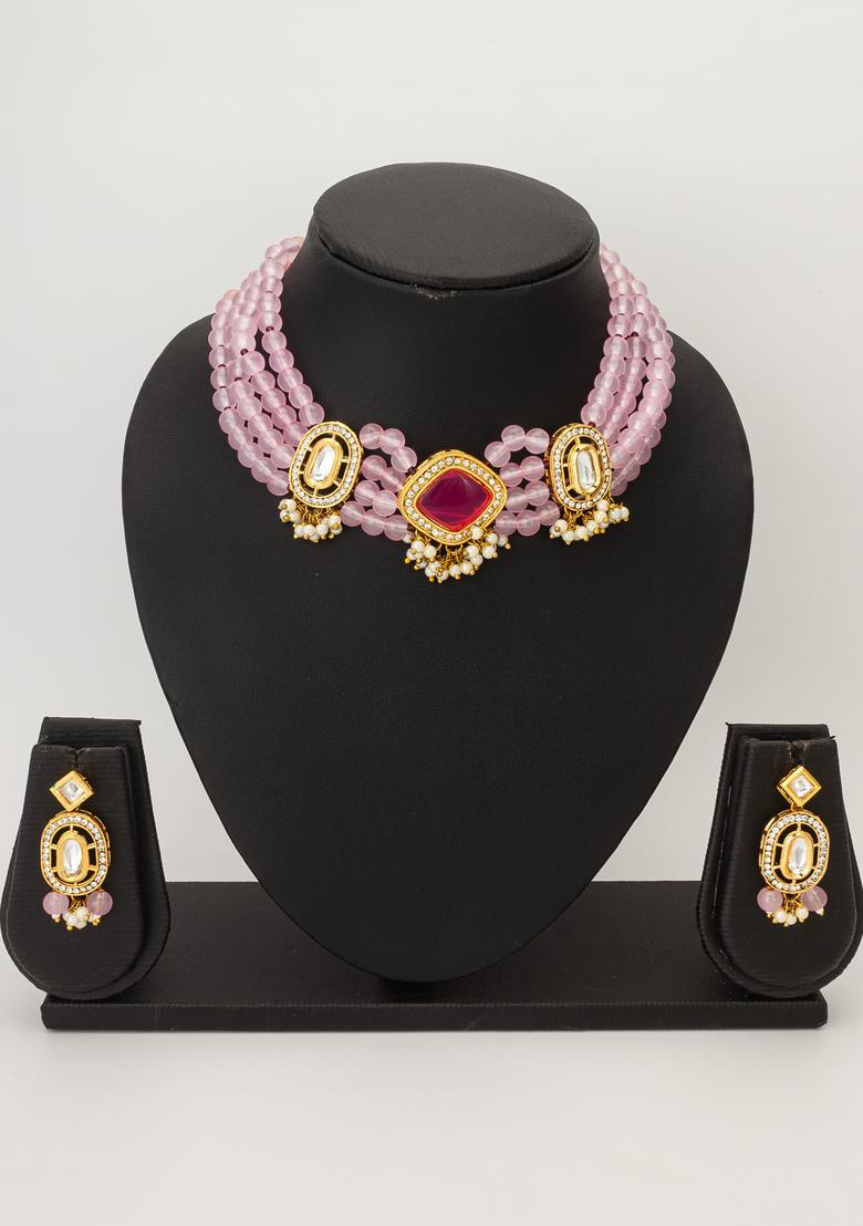 Pink Artificial Stones Alloy Necklace Set - Indya