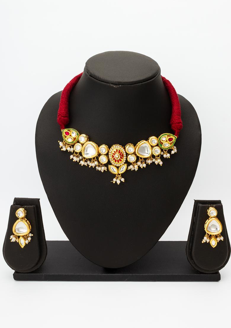 Red Kundan Alloy Necklace Set - Indya