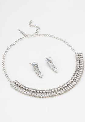 Silver Diamond Alloy Necklace Set