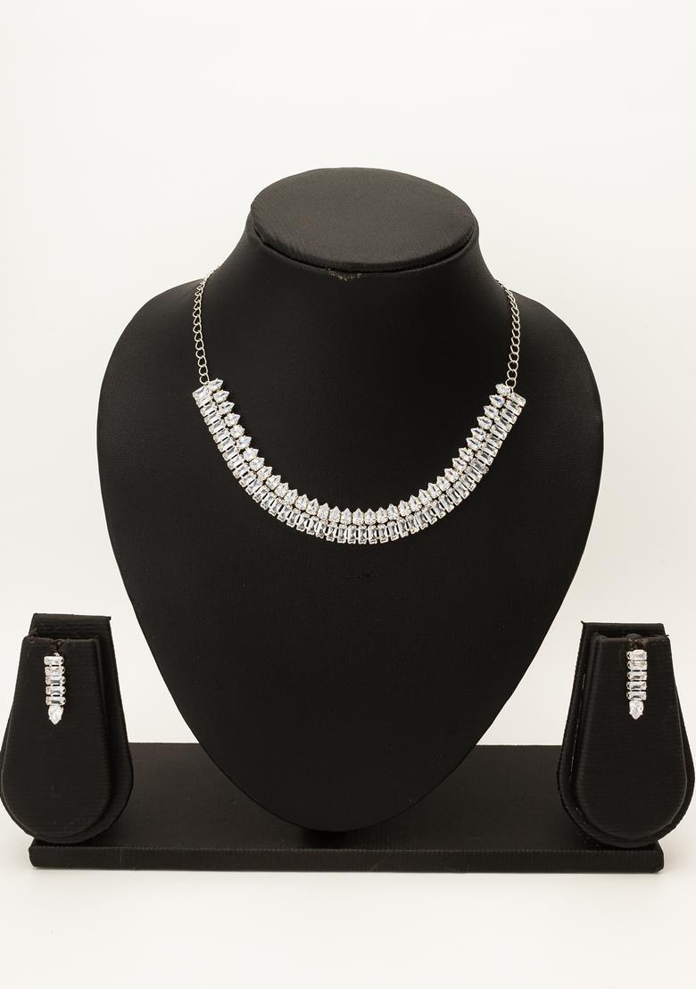 Silver Diamond Alloy Necklace Set - Indya
