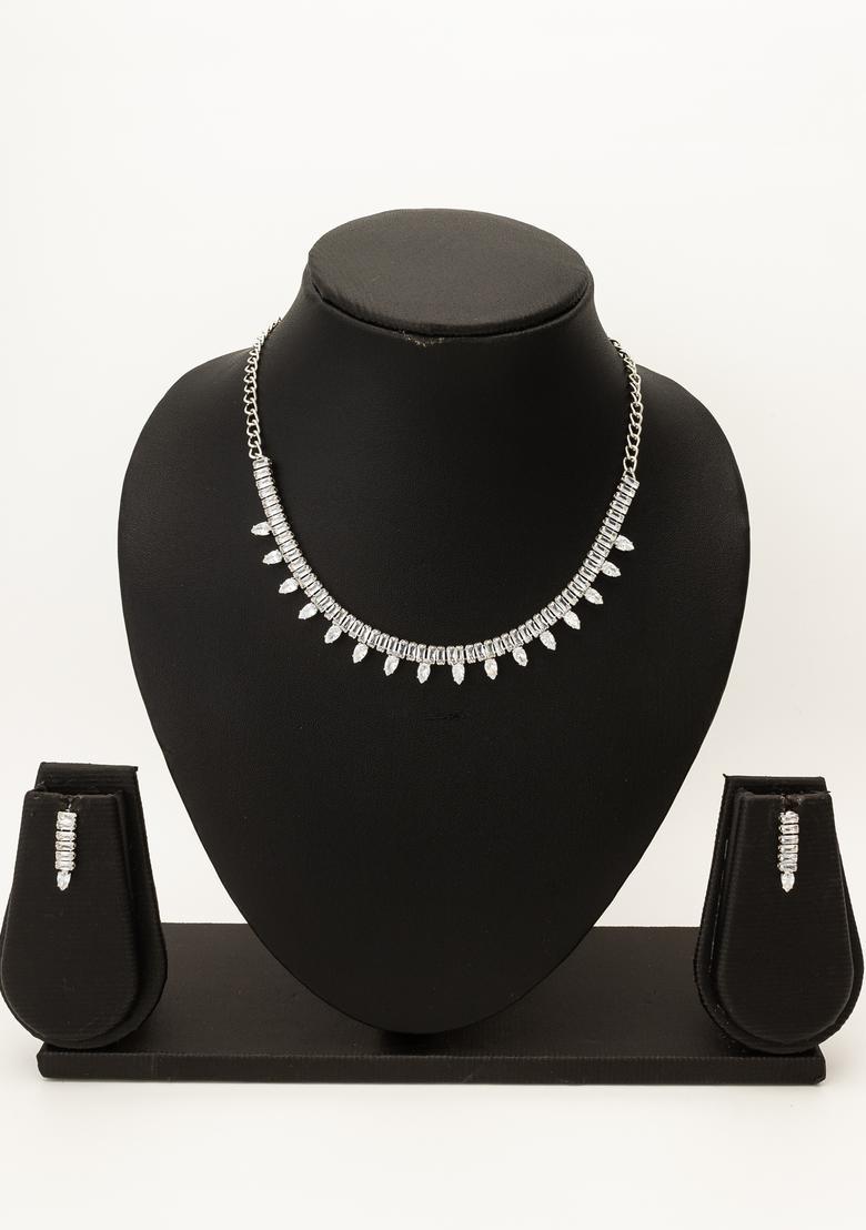 Silver Diamond Alloy Necklace Set - Indya