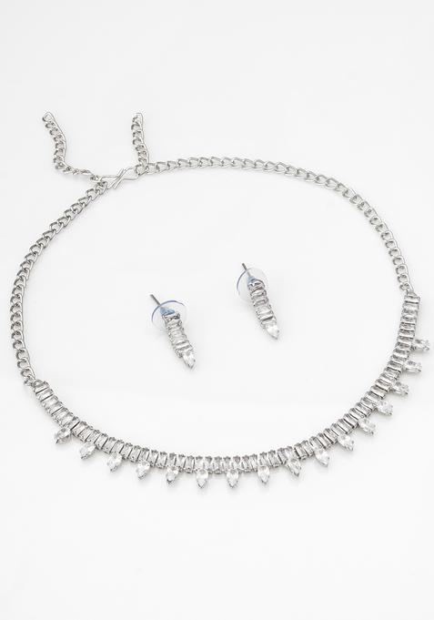 Silver Diamond Alloy Necklace Set