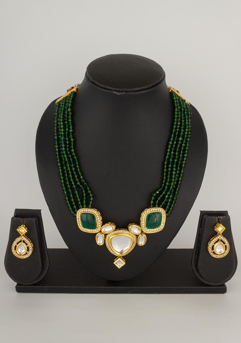 Green Kundan Alloy Necklace Set - Indya
