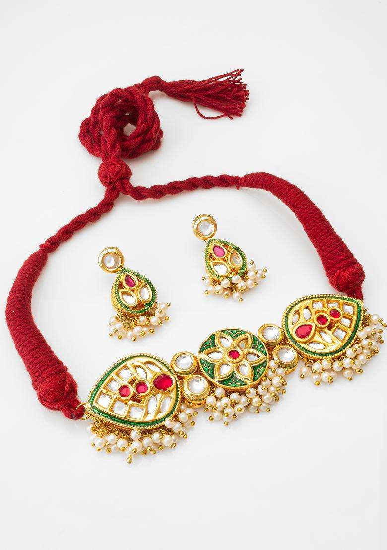 Red Kundan Alloy Necklace Set - Indya