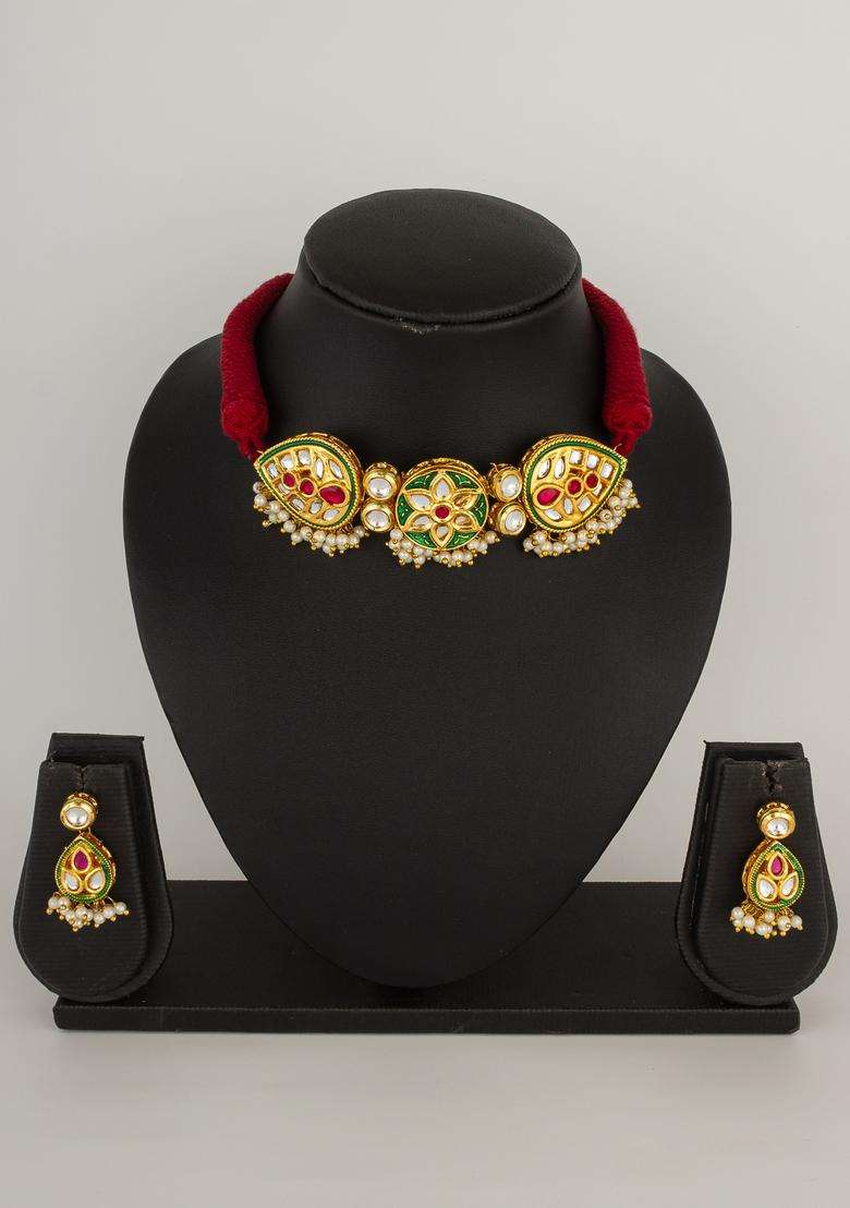 Red Kundan Alloy Necklace Set - Indya