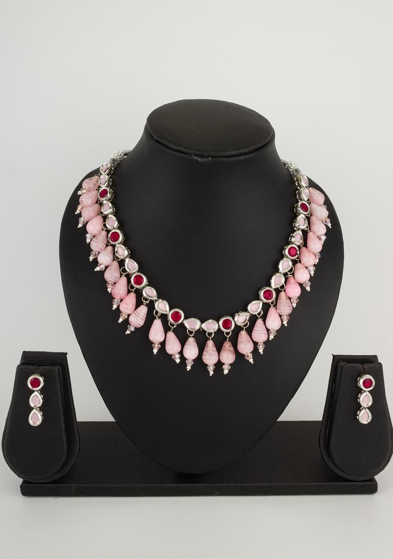Pink Kundan Alloy Necklace Set - Indya
