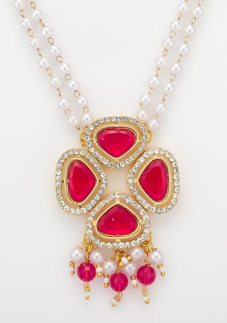 Red Pearl Alloy Necklace Set - Indya