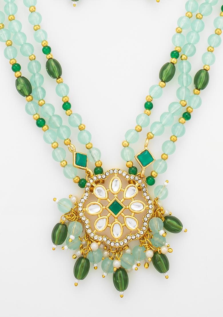 Green Kundan Alloy Necklace Set - Indya