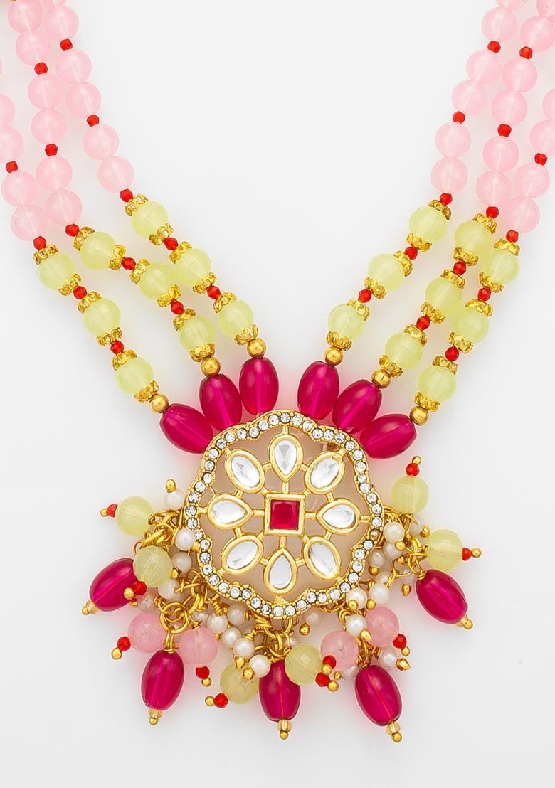 Pink Kundan Alloy Necklace Set - Indya