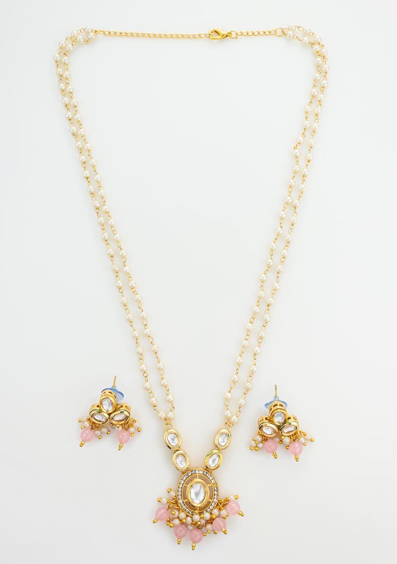 Pink Kundan Alloy Necklace Set - Indya