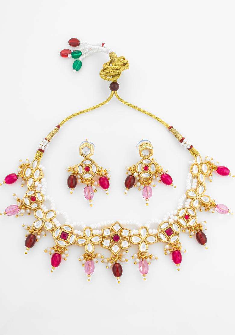 Pink Kundan Alloy Necklace Set - Indya
