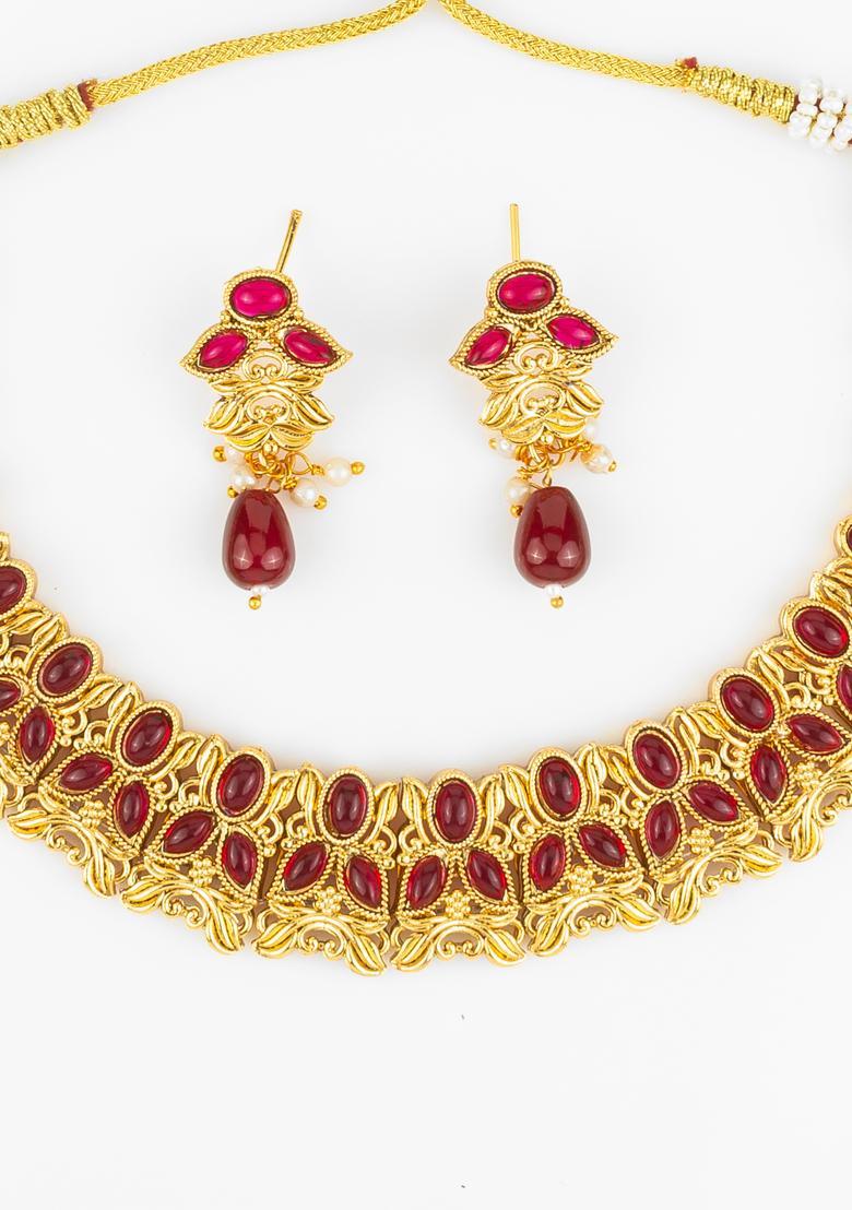 Red Artificial Stones Alloy Necklace Set - Indya