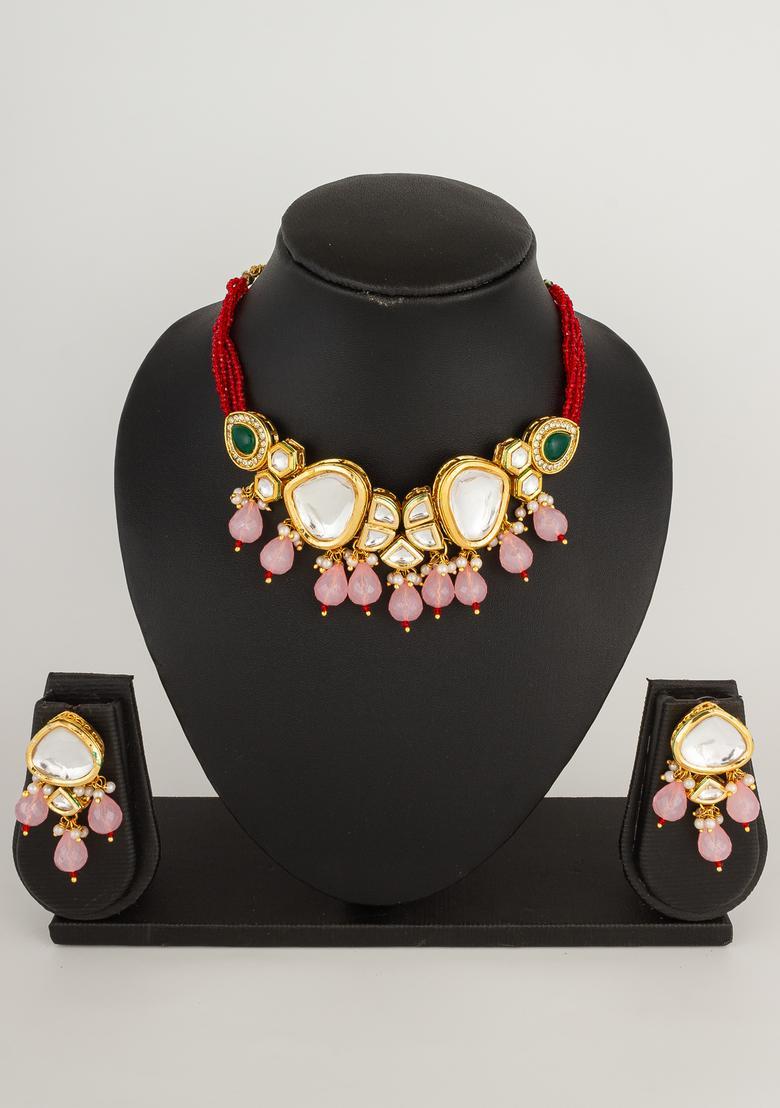 Pink Kundan Alloy Necklace Set - Indya