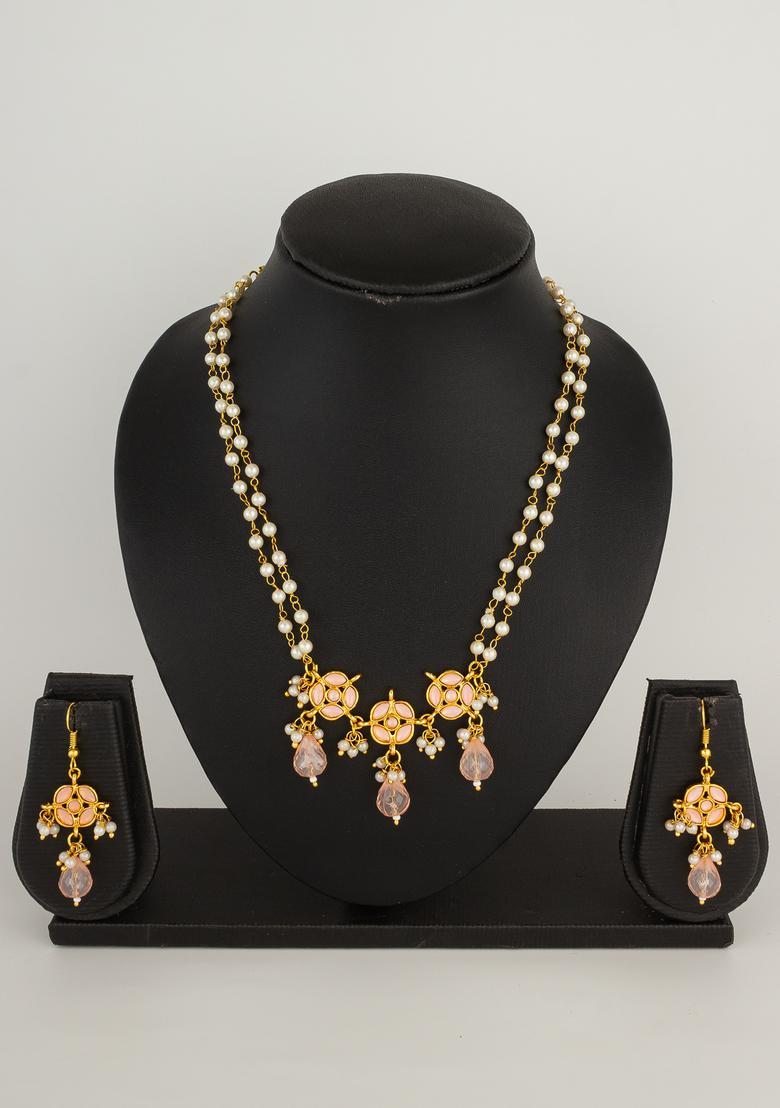Peach Pearl Alloy Necklace Set - Indya